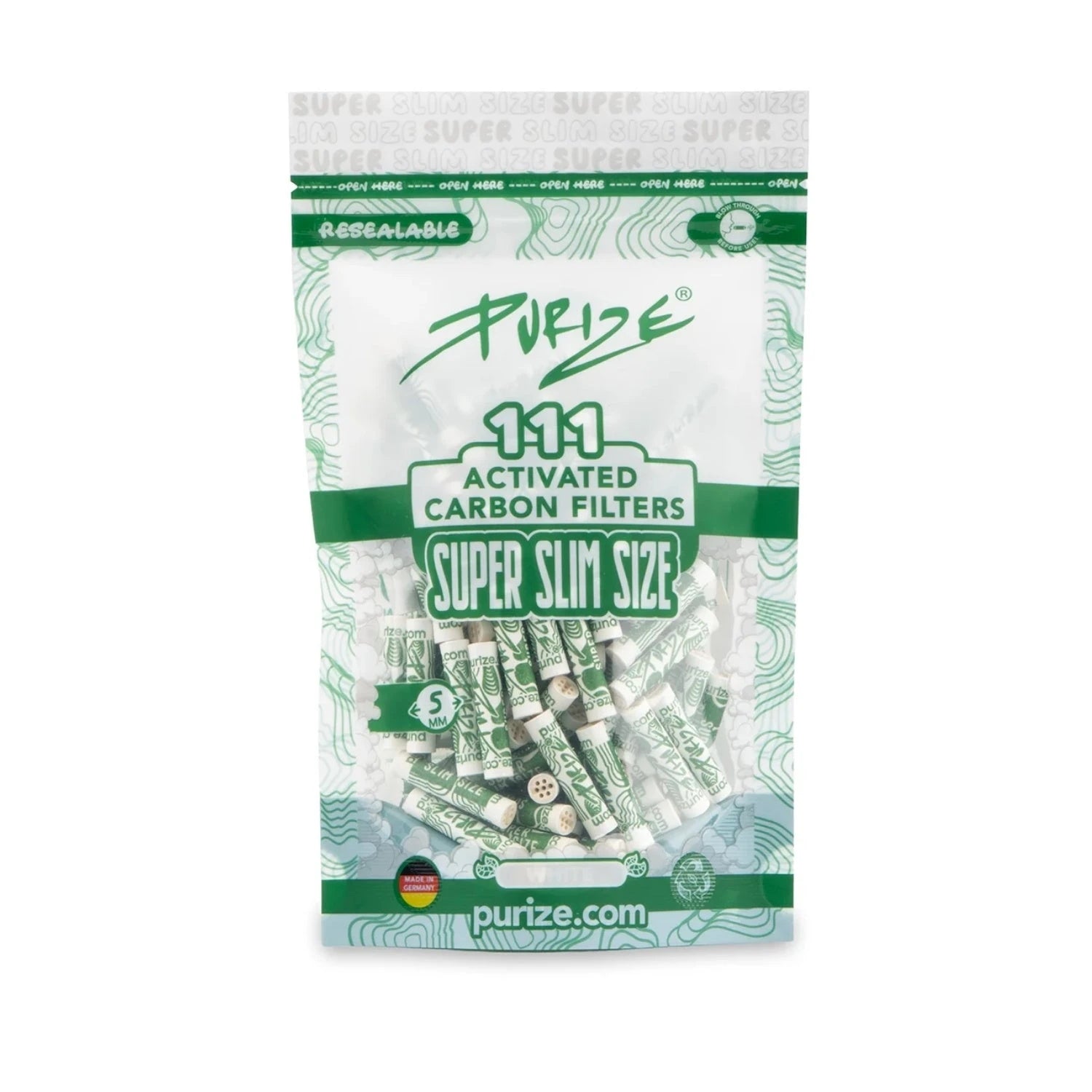 PURIZE Super Slim Size Verpackung mit 111 Activated Carbon Filters, 5 mm, wiederverschließbar, Made in Germany, White, gefüllt mit grün-weißen Aktivkohlefiltern